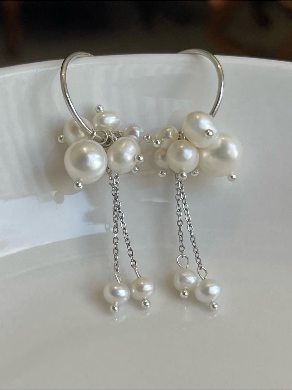 Freshwater Pearl Dangle Hoop Earrings - White 925 silver posts 51